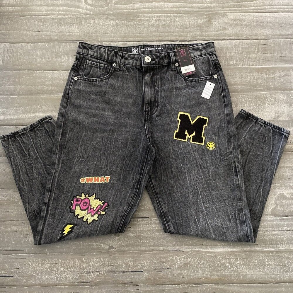 No Boundaries Mom‎ Jeans Juniors Size 13 Black Patchwork High Rise 90s Y2k NWT